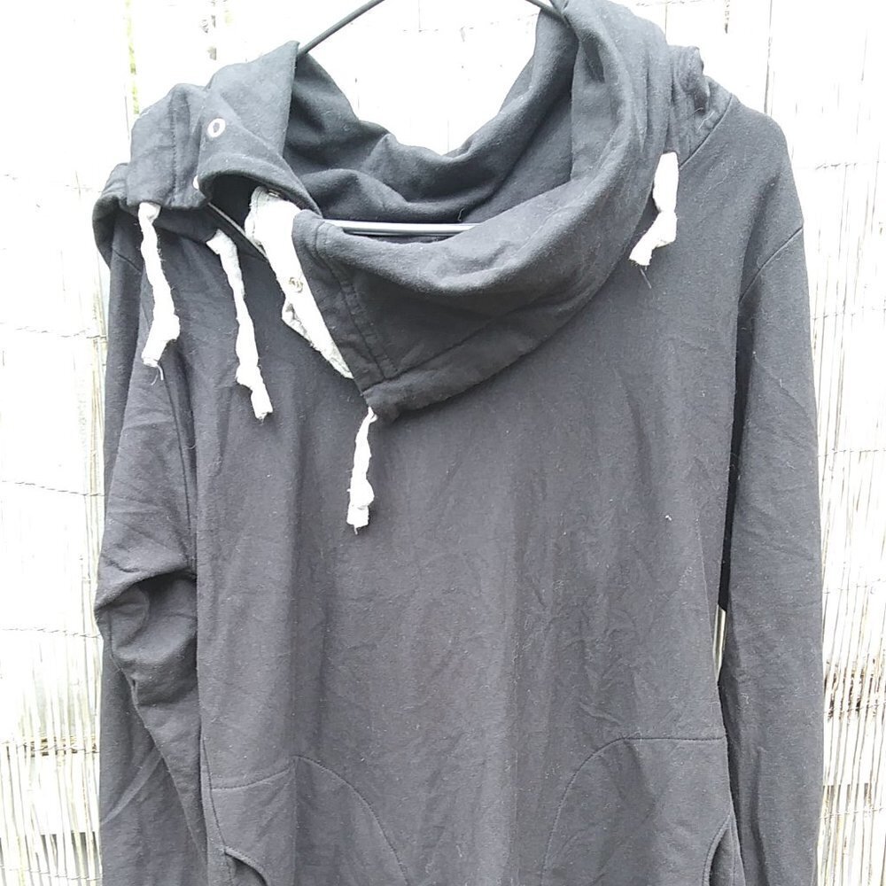 Layer's Squared Hoodie Sweatshirt Bl & Gray Cowl Pullover Snaps Ties - L Unique